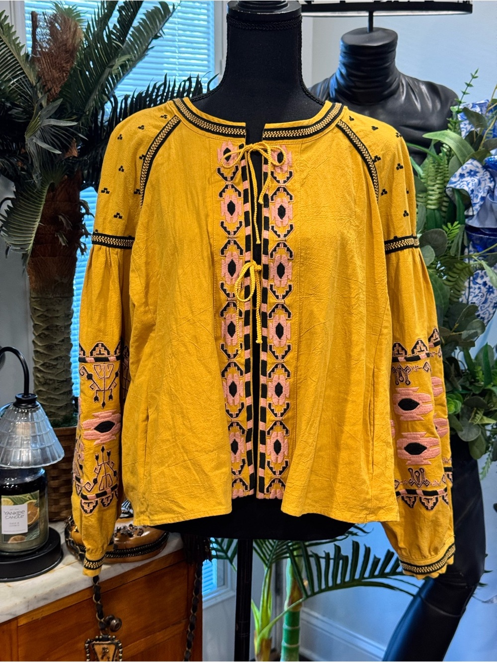 Bohemian Embroidered Peasant Top - Mustard Yellow